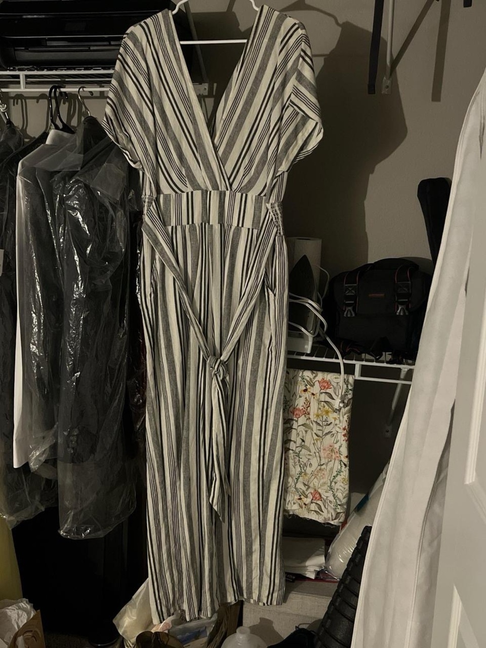 American Eagle Outfitters Black & White Striped V-Neck Jumpsuit